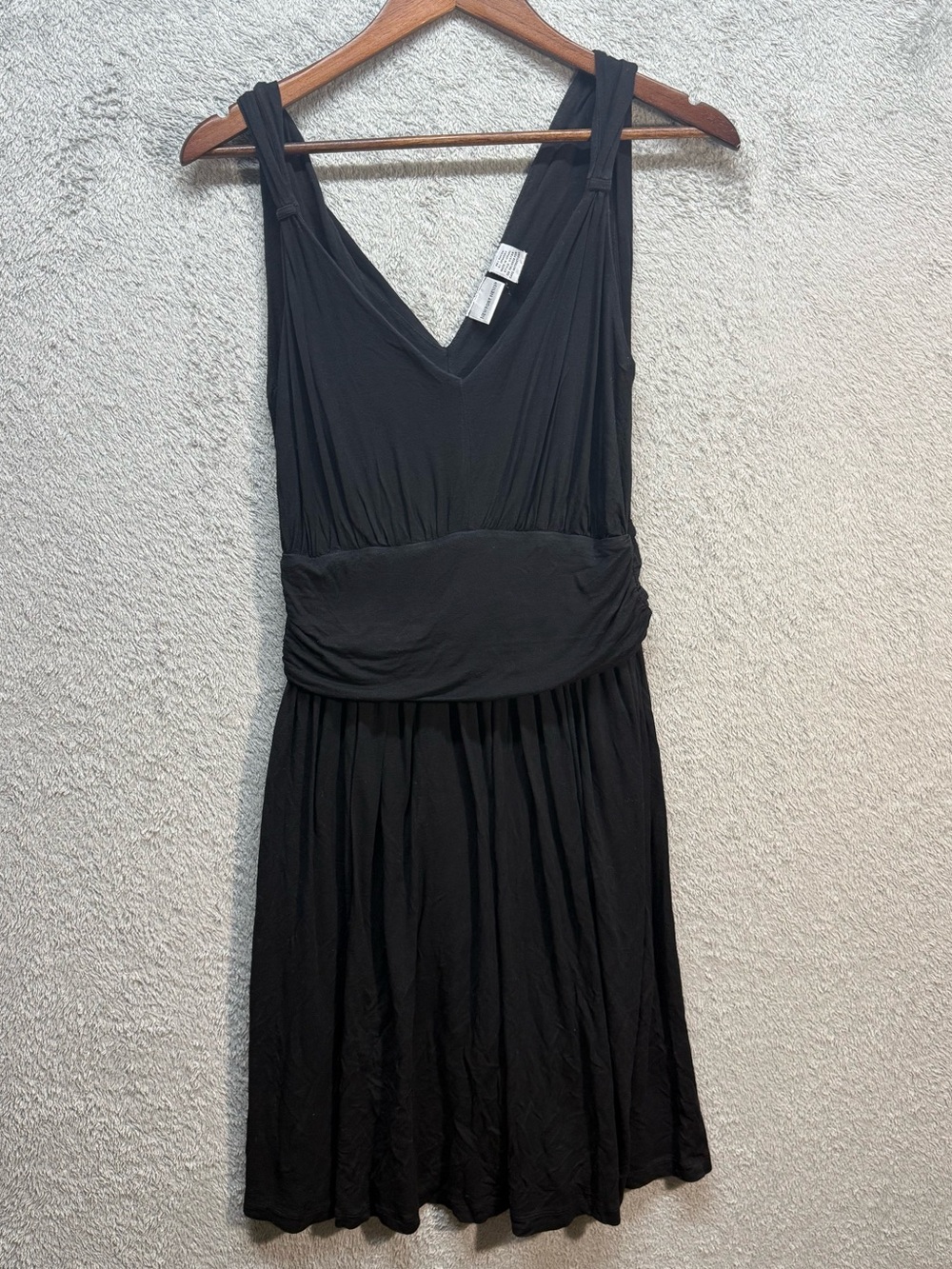 Newport News Black Ruched Empire Waist Dress Cap Sleeve Rayon Spandex S